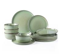 GBhome Stoneware Dinner Sets for 4 People, 12 Pieces Handcrafted Embossed Plates and Bowls Set, Scratch Resistant Dinnerware Set, Dishwasher & Microwave Safe Crockery Set, Pastel Green