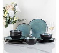 GBhome Stoneware Dinner Sets for 4 People, 12 Pieces Handcrafted Plates and Bowls Set, Scratch Resistant Dinnerware Set, Dishwasher & Microwave Safe Dishes, Mediterranian Blue