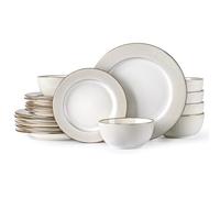 GBHOME Stoneware Dinner Sets for 6 People, 18 Pieces Handcrafted Embossed Plates and Bowls Set, Scratch Resistant Dinnerware Set, Dishwasher & Microwave Safe Crockery Set, Ribbed - Off White