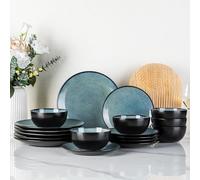 GBhome Stoneware Dinner Sets for 6 People, 18 Pieces Handcrafted Plates and Bowls Set, Scratch Resistant Dinnerware Set, Dishwasher & Microwave Safe Dishes, Mediterranian Blue