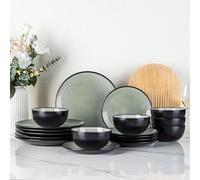 GBhome Stoneware Dinner Sets for 6 People, 18 Pieces Handcrafted Plates and Bowls Set, Scratch Resistant Dinnerware Set, Dishwasher & Microwave Safe Dishes, Sage Green
