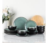 GBhome Stoneware Dinner Sets for 6 People, 18 Pieces Handcrafted Plates and Bowls Set, Scratch Resistant Dinnerware Set, Dishwasher & Microwave Safe Dishes, Petrol