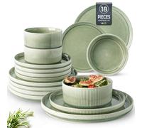 GBhome Stoneware Dinner Sets for 6 People, 18 Pieces Reactive Glaze Handcrafted Plates and Bowls Set, Scratch Resistant Dinnerware Set, Dishwasher & Microwave Safe Crockery Set, Light Green