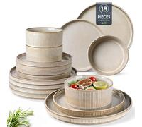 GBhome Stoneware Dinner Sets for 6 People, 18 Pieces Reactive Glaze Handcrafted Plates and Bowls Set, Scratch Resistant Dinnerware Set, Dishwasher & Microwave Safe Crockery Set, Khaki