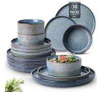 GBhome Stoneware Dinner Sets for 6 People, 18 Pieces Reactive Glaze Handcrafted Plates and Bowls Set, Scratch Resistant Dinnerware Set, Dishwasher & Microwave Safe Crockery Set, Blue
