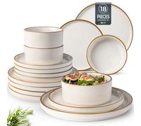 GBhome Stoneware Dinner Sets for 6 People, 18 Pieces Reactive Glaze Handcrafted Plates and Bowls Set, Scratch Resistant Dinnerware Set, Dishwasher & Microwave Safe Crockery Set, White