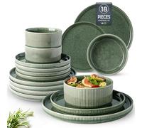 GBhome Stoneware Dinner Sets for 6 People, 18 Pieces Reactive Glaze Handcrafted Plates and Bowls Set, Scratch Resistant Dinnerware Set, Dishwasher & Microwave Safe Crockery Set, Green