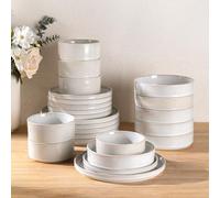 GBhome Stoneware Dinner Sets with Pasta Bowls for 6 People, 24 Pieces Reactive Glaze Handcrafted Plates and Bowls Set, Scratch Resistant Dinnerware Set, Dishwasher & Microwave Safe, Beige
