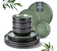 GBHOME Stoneware Dinnerware Set of 4,Round Reactive Glaze Plates and Bowls Set,Highly Chip and Crack Resistant Dishwasher&Microwave Safe Dishes Set, Matte Black Jade Green Mix (Service for 4.12pc)