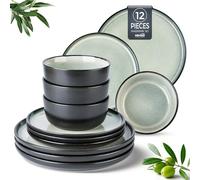 GBHOME Stoneware Dinnerware Set of 4,Round Reactive Glaze Plates and Bowls Set,Highly Chip and Crack Resistant Dishwasher&Microwave Safe Dishes Set, Matte Black Reactive Glaze Mix (Service for 4.12pc)