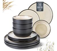 GBHOME Stoneware Dinnerware Set of 4,Round Reactive Glaze Plates and Bowls Set,Highly Chip and Crack Resistant Dishwasher&Microwave Safe Dishes Set, Matte Black Cappuccino Mix (Service for 4.12pc)