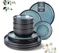 GBHOME Stoneware Dinnerware Set of 4,Round Reactive Glaze Plates and Bowls Set,Highly Chip and Crack Resistant Dishwasher&Microwave Safe Dishes Set, Matte Black Ceylon Blue Mix (Service for 4.12pc)