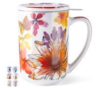GBHOME Tea Mug with Infuser and Lid, 18 Ounce Large Ceramic Loose Leaf Cup, Microwave, Dishwasher Safe, Perfect for Tea Lovers,Butterfly Red