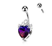 GBJUK Surgical Steel Heart Belly Button Ring with Crystal Crown, Purple Gradient Heart Shape, 1.6 x 10mm Navel Bar (Silver)