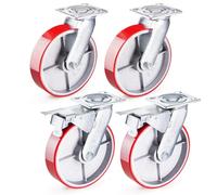 GBL Heavy Duty Castor Wheels with 2 Brakes - 200mm up to 1520KG - Set of 4 No Floor Marks Silent Caster for Furniture - Rubbered Trolley Wheels - Red Castors
