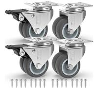 GBL Heavy Duty Castor Wheels with 2 Brakes + Screws - 50mm up to 400KG - Pack of 4 No Floor Marks Silent Caster for Furniture - Rubbered Trolley Wheels - Silver Castors