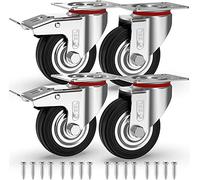 GBL Heavy Duty Castor Wheels with 2 Brakes + Screws - 75mm up to 200KG - Pack of 4 No Floor Marks Silent Caster for Furniture - Rubbered Trolley Wheels - Silver Castors