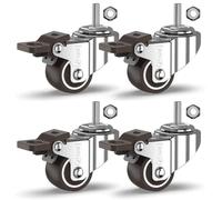 GBL Heavy Duty Swivel Casters with 4 Brakes + Bolts - 25mm M8 x 20mm Up to 40kg - Pack of 4 No Floor Marks Silent Caster for Furniture - Small Rubberized Trolley Wheels - Silver Casters
