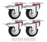 GBL Heavy Duty Swivel Casters with 4 Brakes + Screws - 75mm up to 200kg - 4 Pack No Floor Marks Silent Caster for Furniture - Rubber Coated Trolley Wheels - Silver Casters