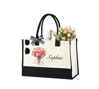 GBTROEY Personalized Canvas Tote Bag for Women - Birth flower Tote Bag, Custom Name Initial Beach Bag, Customized Gift for Mom,Teacher, Best Friend, Bridesmaid, Wedding Gift for Bride