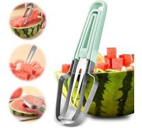 GBTUPOKW 3-in-1 Watermelon Fork Slicer Cutter, Stainless Steel Watermelon Slicer Fork Melon Cutter Knife, Multifunctional Portable Home Kitchen Gadgets for Fruit Salad and Watermelon Cutting (Green)