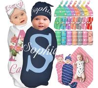 GBVllexuii Personalised Baby Girl Boy Swaddle Blanket with Bow Headband and Hat Set Custom Initial Name baby blanket Customised Swaddle Newborn Gifts