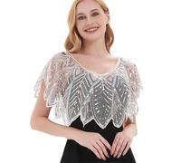 GBYUHAIJUN Women's 1920s Shawl Wraps,Vintage Lace Beaded Shaw 1920s Shawl Wraps Sequin Beaded Evening Cape Vintage Embroidery Cover Up(White)