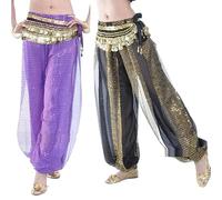 GBZIJIE Women's Belly Dance Skirt Soft Belly Dance Harem Pants Lantern Shiny Fancy Outfit Free Size (Coin Belt Not Included)(Black Silver)