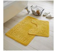 GC GAVENO CAVAILIA 2 Pieces Greek Key Pattern Bath Mat Set, Ochre | Non Slip, Machine Washable, Soft to the Touch, Quick Dry, Water Absorbent, Shower Mat & Pedestal Set