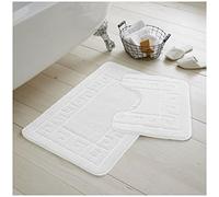GC GAVENO CAVAILIA 2 Pieces Greek Key Pattern Bath Mat Set, White | Non Slip, Machine Washable, Soft to the Touch, Quick Dry, Water Absorbent, Shower Mat & Pedestal Set