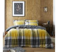 GC GAVENO CAVAILIA Big Tartan Check Teddy Bear Fleece Duvet Cover Quilt Bedding Set, Soft Warm & Fluffy Fleece Cuddly Beddings With Pillowcases, Double Bed, Ochre