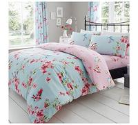 GC GAVENO CAVAILIA Blossom Super King Size Duvet Set, Warm Birdies Bedding Set, Polycotton Botanical Reversible Quilt Covers Bedset With Pillow Cases, Blue