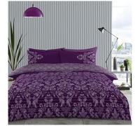 GC GAVENO CAVAILIA Damask Floral King size Bed Duvet With Matching Pillow Cases - Botanical Reversible Bedding - Striped Quilt King Size Cover - Purple