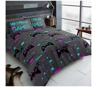 GC GAVENO CAVAILIA Easy Wash Gaming Bedding Double With Matching Pillowcases | Cotton Blend Xbox Gamer Comforter Set | Neon Print Geometric Charcoal Duvet Cover for Boys