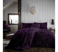 GC GAVENO CAVAILIA Faux Fur Double Bedding Set - Reversible Fluffy Duvet Cover with Matching Pillowcases | Ultra Soft, Warm Cosy Shaggy Fleece Quilt Cover | Easycare Machine Washable Bed Linen, Purple