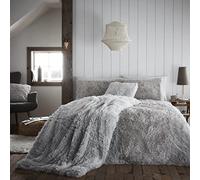 GC GAVENO CAVAILIA Faux Fur Double Bedding Set - Reversible Fluffy Duvet Cover with Matching Pillowcases | Ultra Soft, Warm Cosy Shaggy Fleece Quilt Cover | Easy Care Machine Washable Linen, Silver