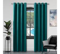GC GAVENO CAVAILIA Faux Silk Eyelet Curtains For Living Room, 100 Percent Polyester Ring Top Fully Lined Drapes, Teal, 90 x 90 Inch
