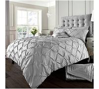 GC GAVENO CAVAILIA Pintuck Duvet Cover Double- Geometric Pinch Pleated Quilt Cover Set- Polycotton Diamond Bedding & Linen- Silver