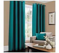 GC GAVENO CAVAILIA Plain Faux Silk Eyelet Curtains, Polyester, Teal, 90x90 Inches