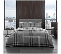 GC GAVENO CAVAILIA Reversible Check Bedding Set Easy Care Poly Cotton Wide Stripe Duvet Cover, Polycotton, Grey, Double