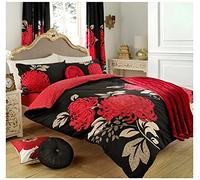 GC GAVENO CAVAILIA Reversible Premium Quality Printed Design Duvet Cover Easy Care Floral Quilted Bedding, Cotton, 50% Polyester, Black/Red-Kew, Double