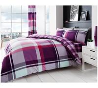 GC GAVENO CAVAILIA Reversible Single Check Duvet Set | Modern Reversible Striped Bedding | Polycotton Geometric Tartan Quilt Bed Set With Matching Pillow Case | Purple