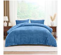 GC GAVENO CAVAILIA Ribbed Fleece Duvet Set With Pillow Cases | Thermal Warm Cozy Winter Bedding Double Duvet Cover Set 200x200 Cm | Hypoallergenic, Washable Polyester Quilt Cover Bed Sets, Denim Blue
