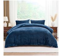 GC GAVENO CAVAILIA Ribbed Fleece Duvet Set With Pillow Cases | Thermal Warm Cozy Winter Bedding Double Duvet Cover Set 200x200 Cm | Hypoallergenic, Washable Polyester Quilt Cover Bed Sets, Navy