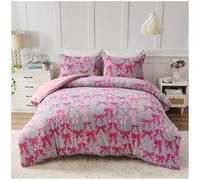 GC GAVENO CAVAILIA Ribbon Pattern Double Bedding Set with Matching Pillowcases - Easy Care Reversible Comforter Bedding Set - Soft Touch Bow Duvet Set Polyester Long-Lasting Bed Linen, Grey/Pink