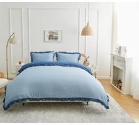 GC GAVENO CAVAILIA Ruffles Duvet Cover Double With Pillow Cases | Reversible Plain Bedding Double Duvet Cover Set | Breathable & Lightweight Frill Quilt Cover Bed Set 200x200 Cm, Blue/Denim Blue