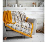 GC GAVENO CAVAILIA Teddy Checked Throws For Sofa - Warm Cosy Thick Fleece Blanket - Soft Lightweight Fluffy Bed Throw - Grey/Ochre 130x180 Cm