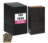 Gcardist 100 Pcs Black Treat Paper Bags with 100 Stickers 5.1"x3.1"x9.4" Kraft Small Party Gift Bag without Handle(13cm×8cm×24cm)