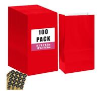 Gcardist 100 Pcs Red Treat Paper Bags with 100 Stickers 5.1"x3.1"x9.4" Small Party Gift Bag without Handle(13cm×8cm×24cm)