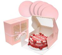 Gcardist 10x10x5 Inch Cake Box, 5 Sets Pink Cake Box with Window & 5 Sets 10 Inch Pink Cake Round Boards, Cake Containers(25.4x25.4x13cm)